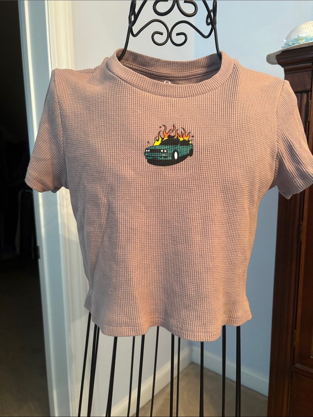 Pink Waffle Knit Graphic Tee with Flaming Car